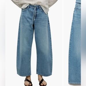 Mango Tie Waist Wide leg jeans Light Blue Denim with Zip Fly size 6